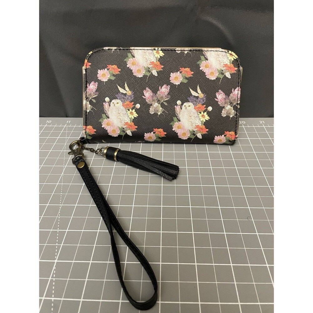 Harry Potter Hegwig Theme Wristlet Wallet Phone Holder Floral Owl Flowers Black